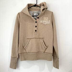 VTG Y2K American Eagle Womens Large Graphic Hoodie Pullover Tan Raw Edges Henley
